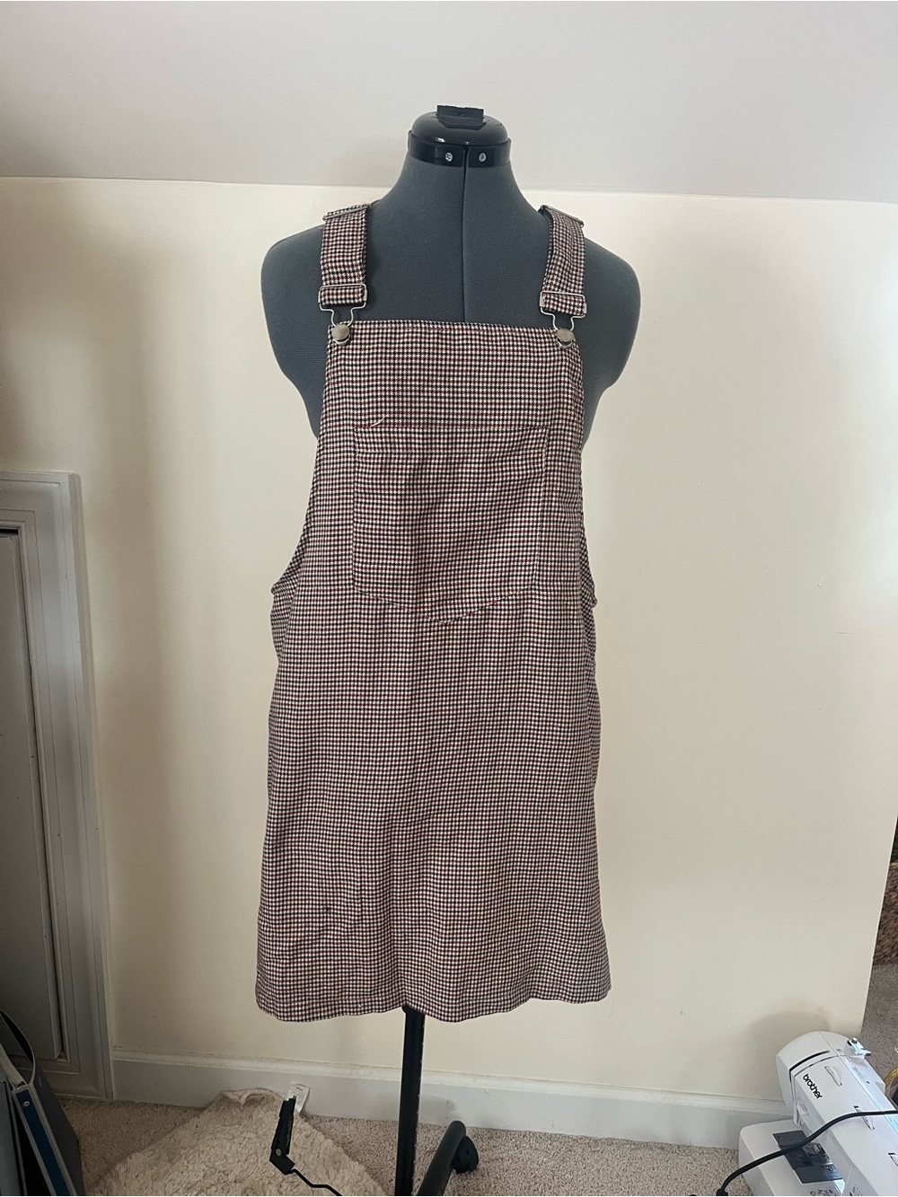 Checked Mini Pinafore Dress in Brown and Beige